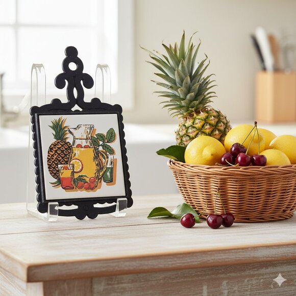 Vintage 1970s Pineapple & Lemonade Pitcher Cast Iron Trivet Retro Kitchen Decor - Picture 1 of 8